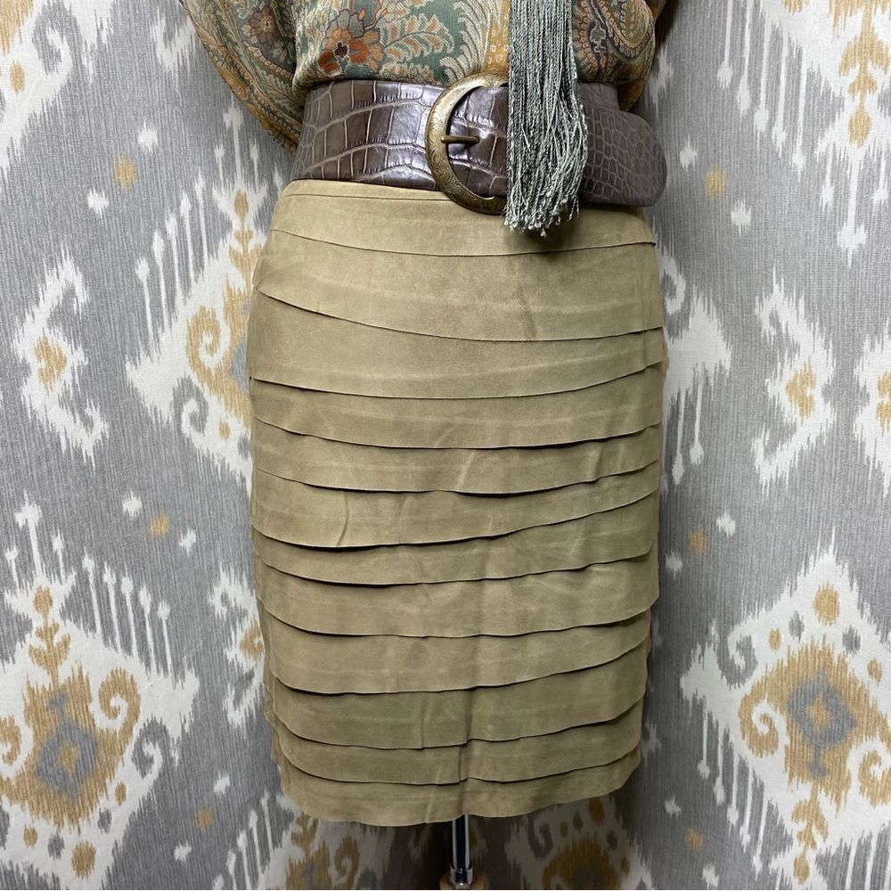 Ralph Lauren Black Label Olive Goat Suede Ruffle Pencil Skirt - Picture 10 of 16